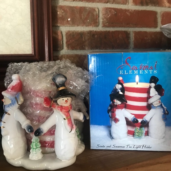 Porcelain Snowman Candy Cane Tea Light Holder - Picture 2 of 8